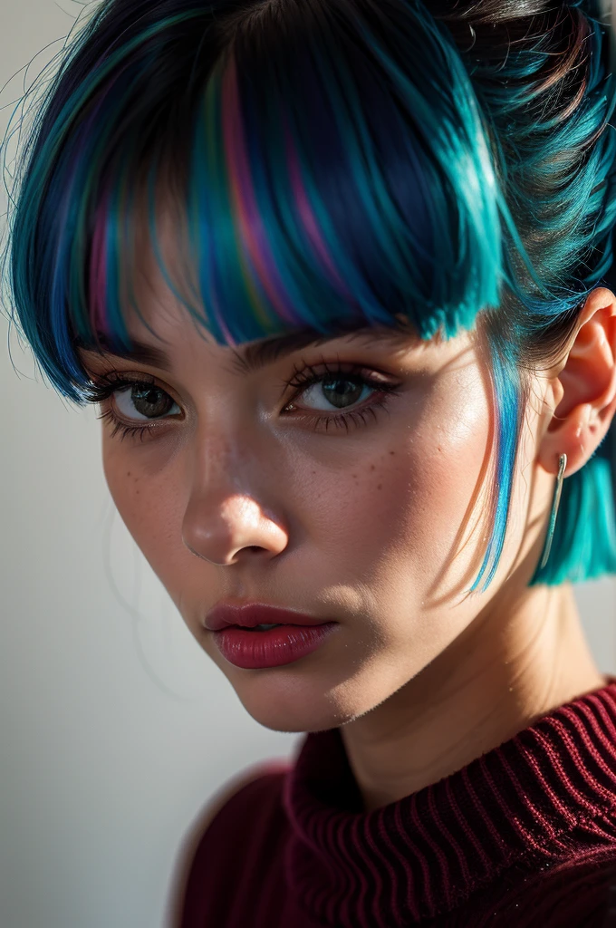 Instagram Photos, French woman, 21 years old, square hair cut,Rainbow Hair, Close-up portrait, sweater, Neckline, pale, Sharp Shadow