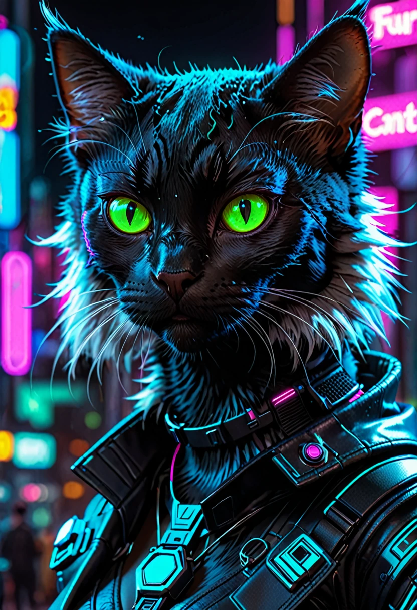 High quality, Extremely detailed, Cyberpunk black cat, furry, neon, High resolution, brighting eyes, portrait, Cinematic shots,