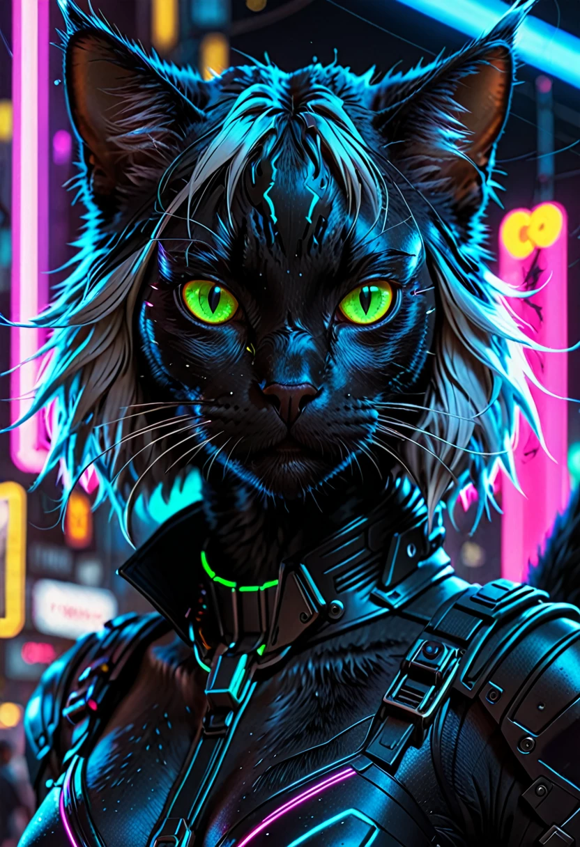 High quality, Extremely detailed, Cyberpunk black cat, furry, neon, High resolution, brighting eyes, portrait, Cinematic shots,