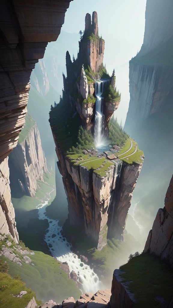 a cliff overlooking a waterfall, several arch-shaped stones at the top, matte painting 8k, matte paint 8K, vertical wallpaper 8K, vertical wallpaper 8K, vertical wallpaper 4K, vertical wallpaper 4K, lost series, realistic fantasy rendering, digital painting with 8K resolution, digital painting with 8K resolution, Jessica Rossier fantasy art, 4K rendered matte paint, 3D rendered matte paint