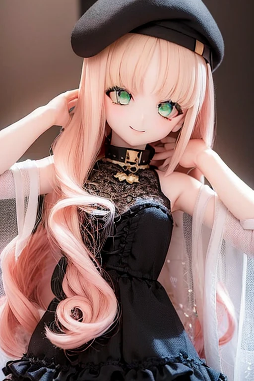 ((highest quality)), ((masterpiece)), (extremely detailed), kukolnydom, doll, ciel_synduality_noir, pink hair, green eyes, long hair, blunt bangs, mature woman, solo, dynamic pose, seductive smile, 8k