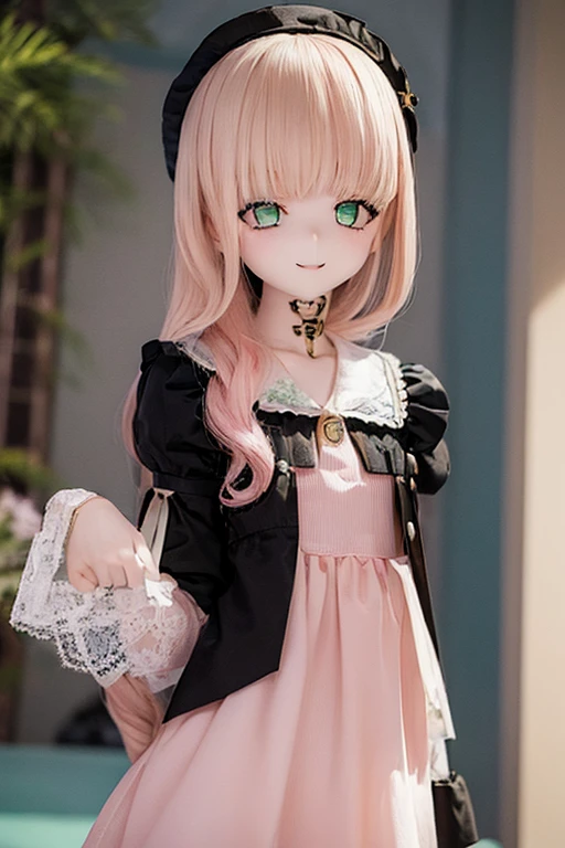 ((highest quality)), ((masterpiece)), (extremely detailed), kukolnydom, doll, ciel_synduality_noir, pink hair, green eyes, long hair, blunt bangs, mature woman, solo, dynamic pose, seductive smile, 8k