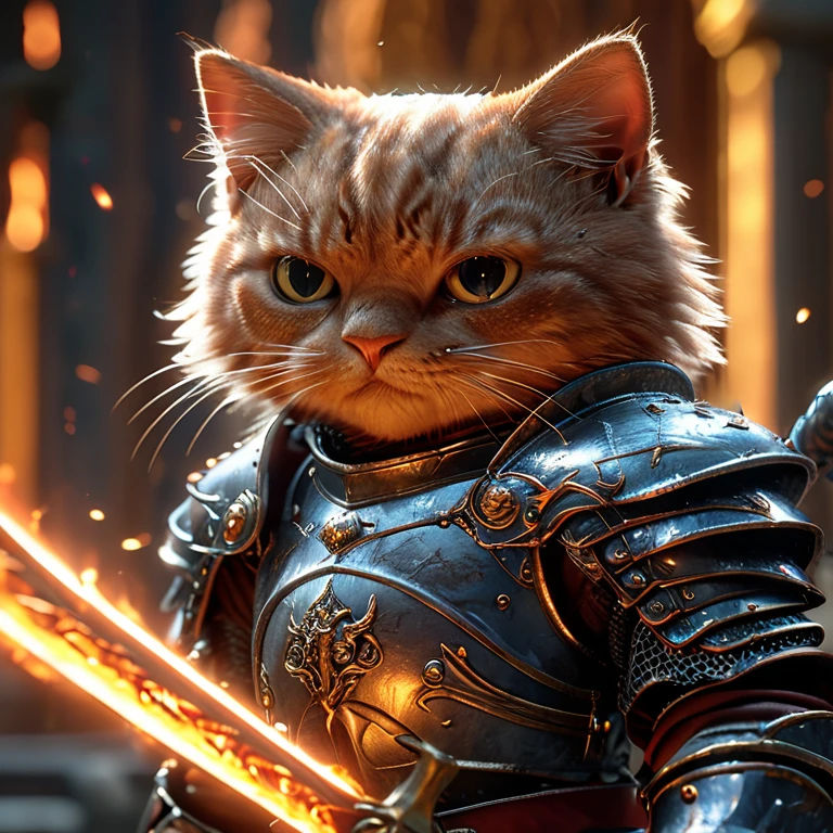 Close-up shot of a cat, cat knight,whole body, Holding a flaming sword, Wearing dark armor, Castle Background, High resolution, masterpiece, Highest quality, Super detailed, Super detailed, Ultra-realistic,
Hong Kong Style, 3D Fluffy, Cute and adorable close-ups, Cute big round reflective eyes, Long fuzzy fur, Pixar Rendering, unreal engine Cinematic smooth, Exquisite detail, Cinematic