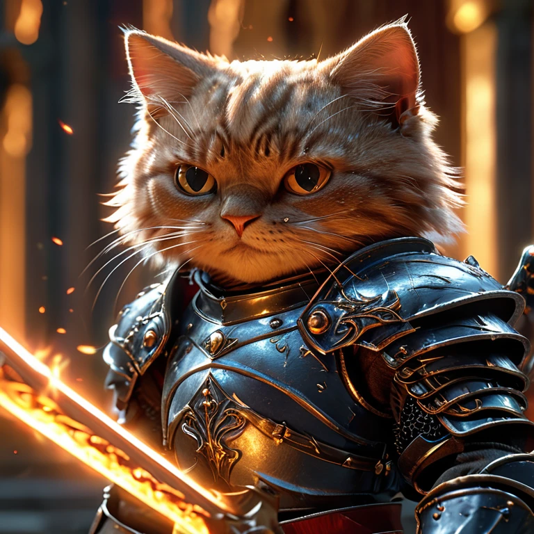 Close-up shot of a cat, cat knight,whole body, Holding a flaming sword, Wearing dark armor, Castle Background, High resolution, masterpiece, Highest quality, Super detailed, Super detailed, Ultra-realistic,
Hong Kong Style, 3D Fluffy, Cute and adorable close-ups, Cute big round reflective eyes, Long fuzzy fur, Pixar Rendering, unreal engine Cinematic smooth, Exquisite detail, Cinematic