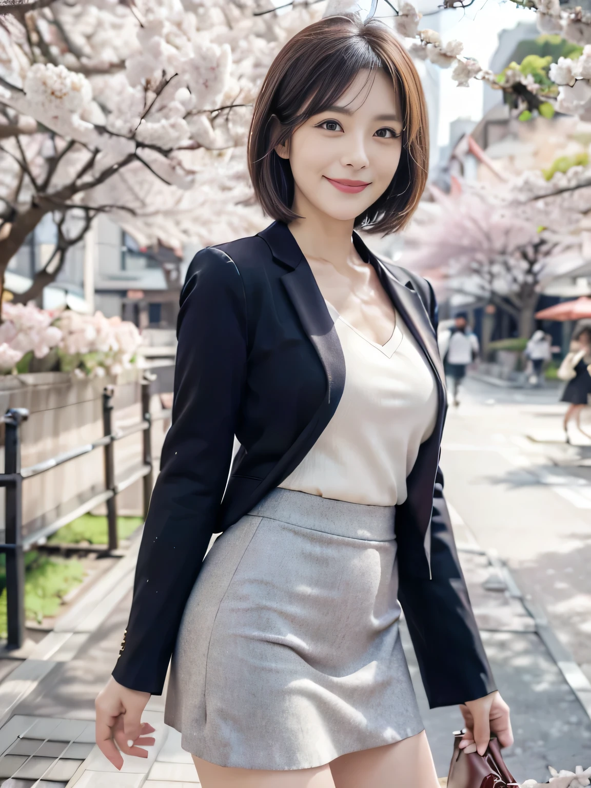 (Bend forward:1.3).,a middle aged woman in a retro mini skirt, looking at the viewer, smiling, in front of cherry blossoms in tokyo, 1960s agfa or kodak style, octanerender, very slim, deep v-neck suit, flat chest,