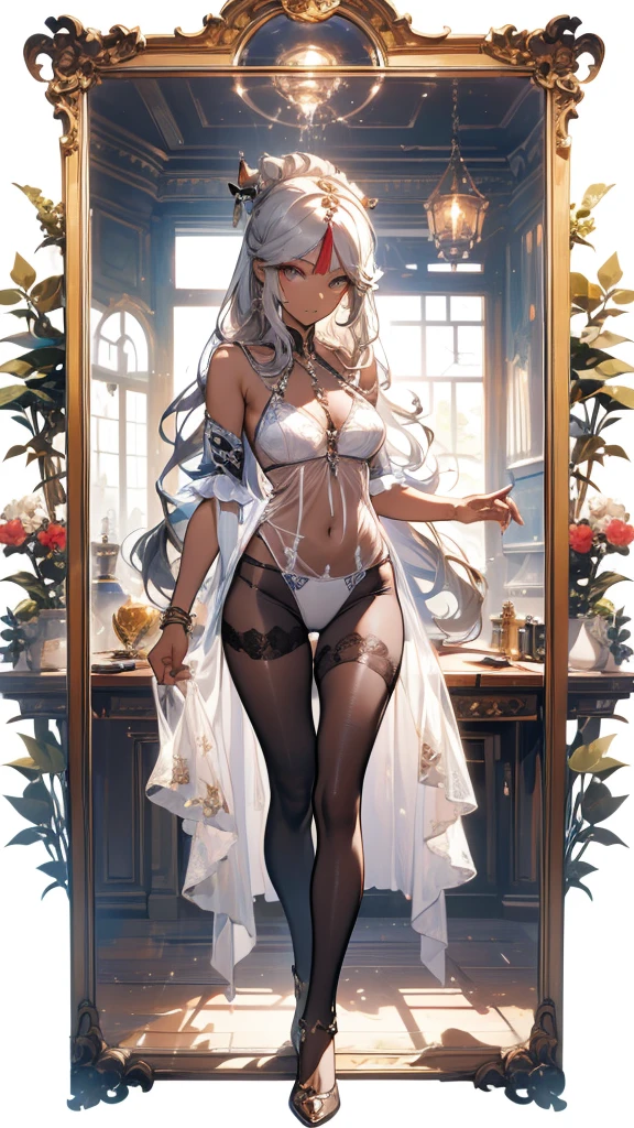((masterpiece, best quality)), Delicate face,goddess,whole body,Long legs,Standing picture,dark skin,Perfect body proportions,Long wavy hair,beautiful eyes,Fantasy style,Extremely beautiful,Pure white background,bedroom,Mirror,transparent,Sexy Lingerie,chain,Pantyhose