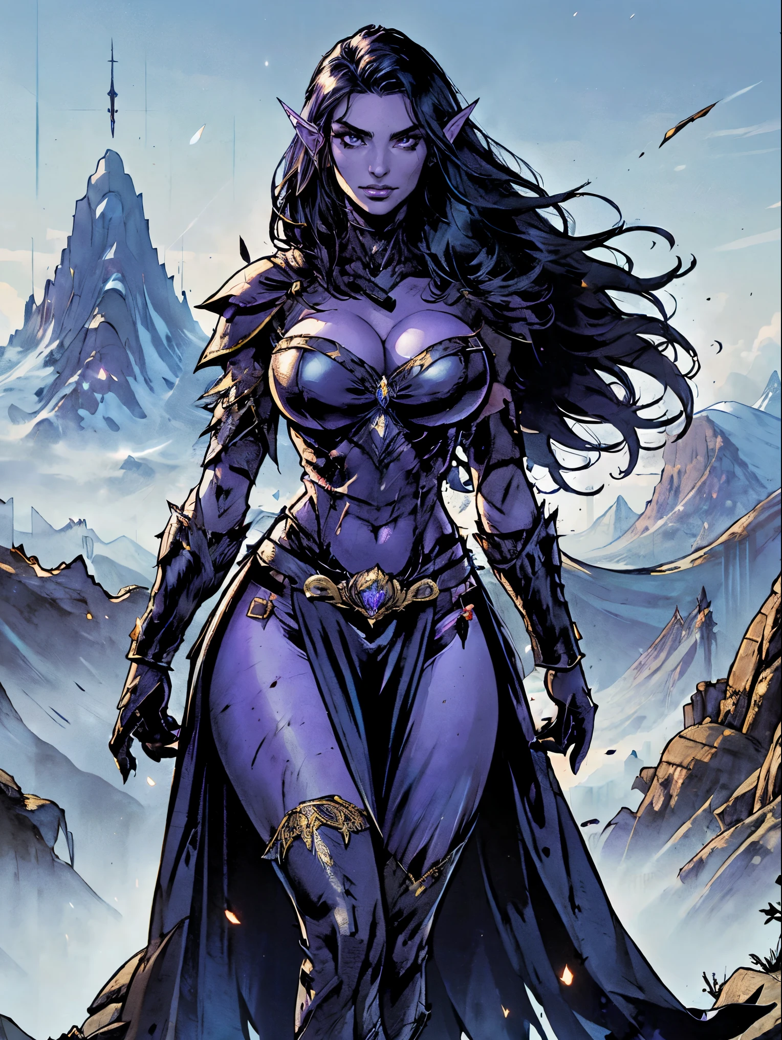 (masterpiece, top quality, best quality, official art, beautiful and aesthetic:1.2), (1girl:1.3), ((Sharp facial features, sharp features, hawkish features)), ((big hair, long elf ears, long black hair)), (((pale purple skin, pale blue skin, blue skin, purple skin))), big tiddy dark elf girl, extremely detailed, portrait, looking at viewer, solo, (full body:0.6), detailed background, full-body shot, (cold night mountain theme:1.1), dark elf war dancer, (spiky winged helmet), charlatan, smirk, mysterious, swaying in mountains, strapless top, skimpy attire, revealing gladiatrix costume, ebony metal, gold filigree, long boots, dual knives, blood red fabric, pelvic curtain, loincloth, black leather, ((((gigantic breasts, cleavage, skindentation, long legs, pelvic curtain)))), cute belly button, toned tummy, slim waist, slim hips, long legs, medieval (mountain exterior:1.1) background, dark mysterious lighting, shadows, magical atmosphere, dutch angle