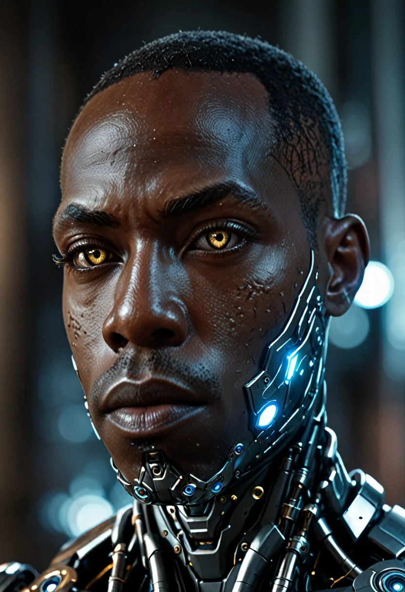 cinematic closeup front facing portrait of shawt a black man as a cyborg from dc comics, highly detailed cybernetic face, glowing cybernetic eyes, intricate mechanical parts, metallic skin, complex circuitry, futuristic design, dark moody lighting, dramatic shadows, cinematic composition, realistic rendering, hyper detailed, 8k, photorealistic