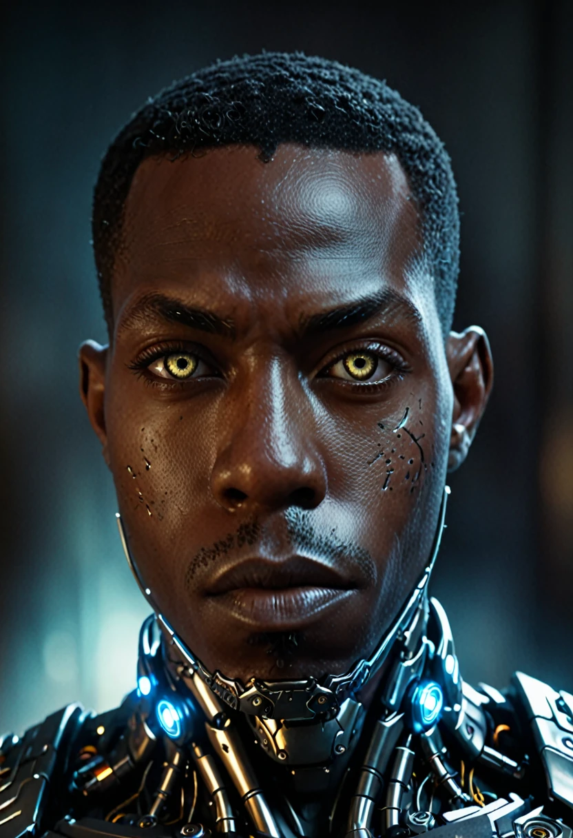 cinematic closeup front facing portrait of shawt a black man as a cyborg from dc comics, highly detailed cybernetic face, glowing cybernetic eyes, intricate mechanical parts, metallic skin, complex circuitry, futuristic design, dark moody lighting, dramatic shadows, cinematic composition, realistic rendering, hyper detailed, 8k, photorealistic