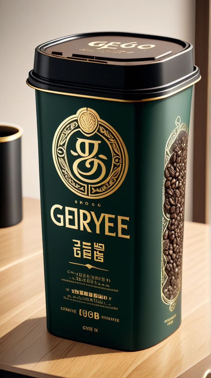 {A hyper realistic design for a black coffee product called "GEORYEO" ,using a brush font in capital letters that looks like stylish Hangul, conveying an elegant, charismatic, and glamorous feel, the packaging has a dark green and gold theme, capturing the genuine essence of true black coffee, high resolution, 8K, detailed, close-up view, professional design, luxurious and sophisticated look, with intricate gold detailing, HDR, soft ambient light, monochromatic tones} 24mm, (analog, cinematic, film grain:1.3), Bokeh DOF