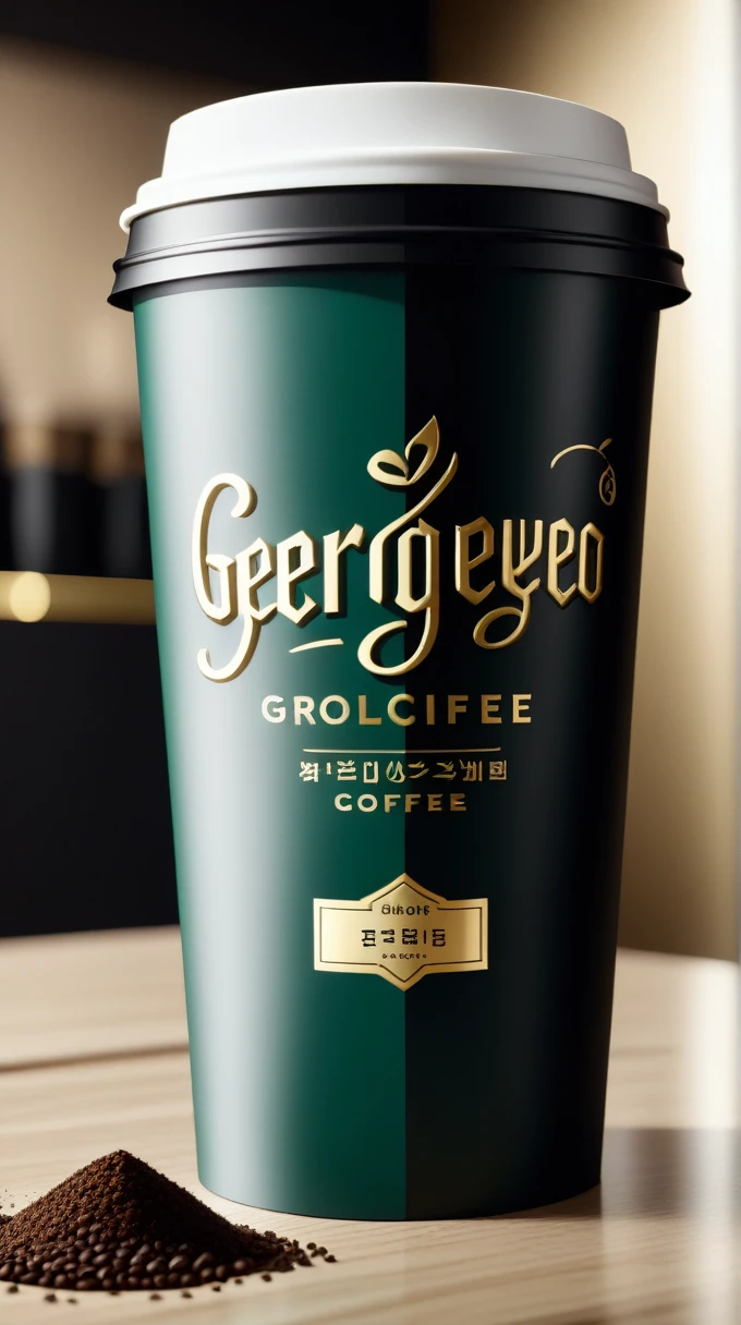 {A hyper realistic design for a black coffee product called "GEORYEO" ,using a brush font in capital letters that looks like stylish Hangul, conveying an elegant, charismatic, and glamorous feel, the packaging has a dark green and gold theme, capturing the genuine essence of true black coffee, high resolution, 8K, detailed, close-up view, professional design, luxurious and sophisticated look, with intricate gold detailing, HDR, soft ambient light, monochromatic tones} 24mm, (analog, cinematic, film grain:1.3), Bokeh DOF