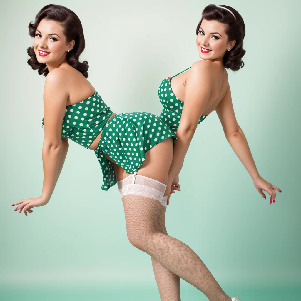 35mm photography front centered composition girl stands smiling playfully posing sexy pin up dressed in a green polka dot dress in pinup style white background beautiful eyes, perfect skin, detailed skin, big, beautiful fingers and nails , (4K, ultra detailed) stockings on legs professional studio photography