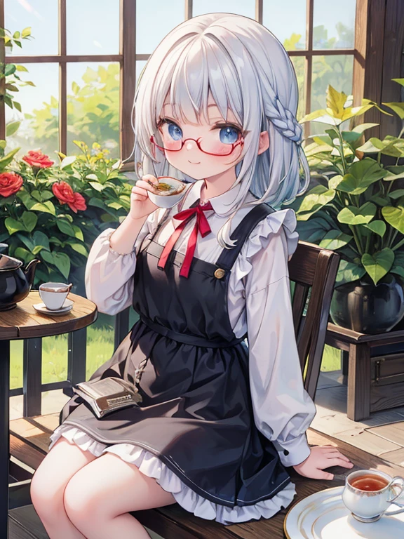 (8K, Highest quality, tableトップ:1.2)、Ultra-high resolution、14-year-old girl, Perfect Fingers, Detailed face, smile, blue eyes, Glasses, Silver Hair, Braid, Red Apron Dress, garden, flower bed, table, tableクロス, Black tea, Tea cup, cake, Sit on a chair, Black teaを飲む
