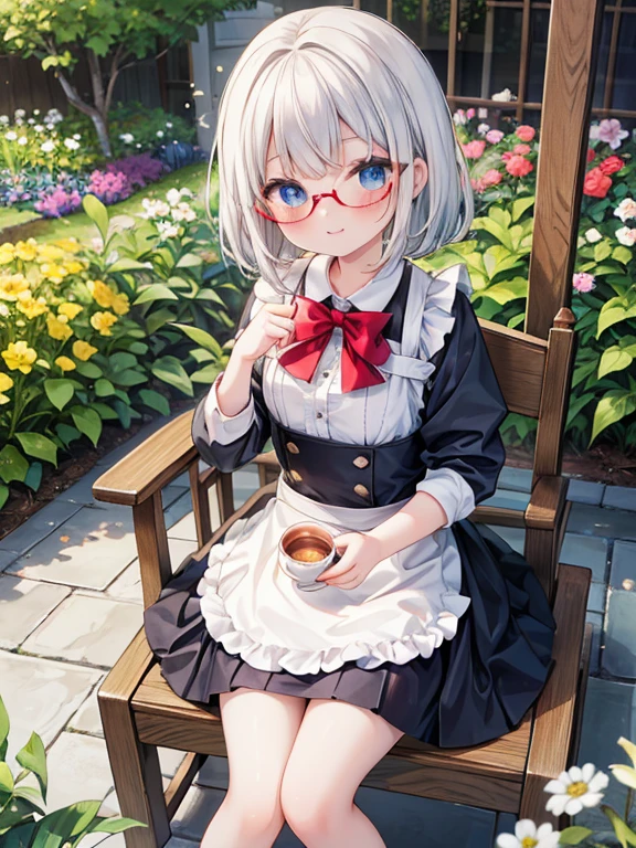 (8K, Highest quality, tableトップ:1.2)、Ultra-high resolution、-yeld gi Perfect Fingers, Detailed face, smile, blue eyes, Glasses, Silver Hair, Braid, Red Apron Dress, garden, flower bed, table, tableクロス, Black tea, Tea cup, cake, Sit on a chair, Black teaを飲む