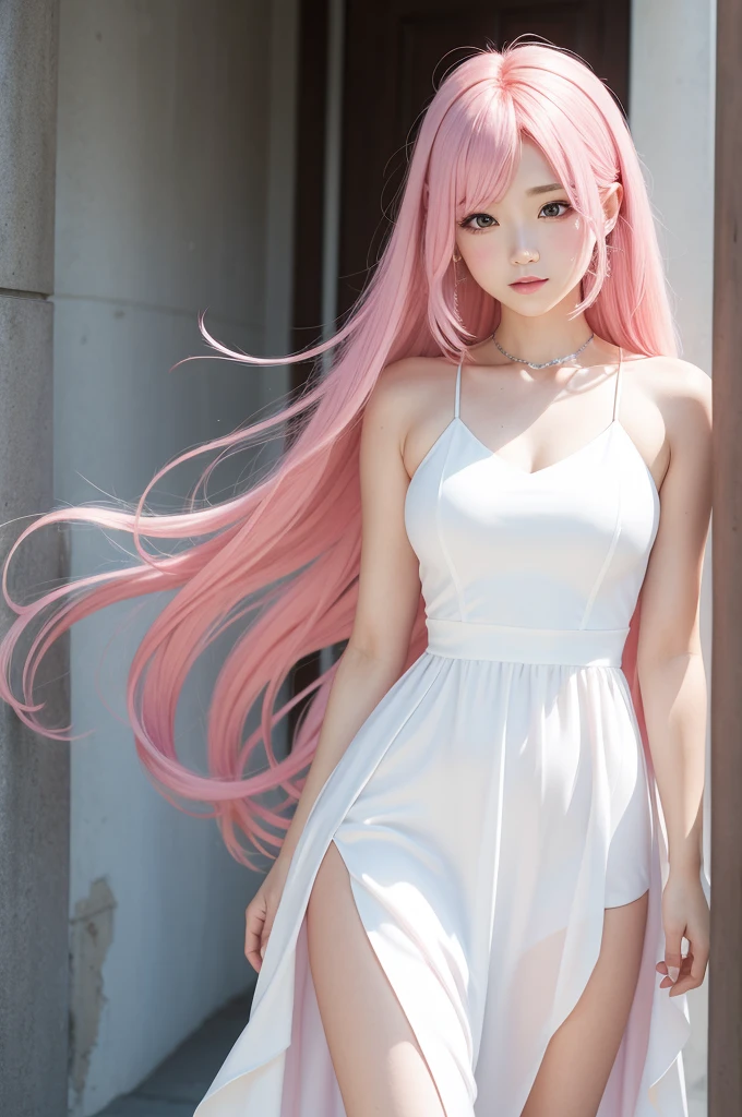 with pink hair with an anime appearance and a white dress