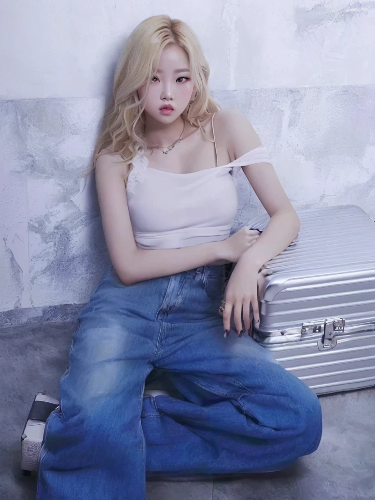 blonde woman sitting on the floor with a suitcase on her lap, roseanne park by blackpink, jia, jinyoung shin, pale skin curly blonde hair, sun yunjoo, official artwork, heonhwa choe, glass, rena noun style 3/4, baggy Cowboys, pale and light skin!!, ad image, kim taejin, jaeyeon nam, Cowboys