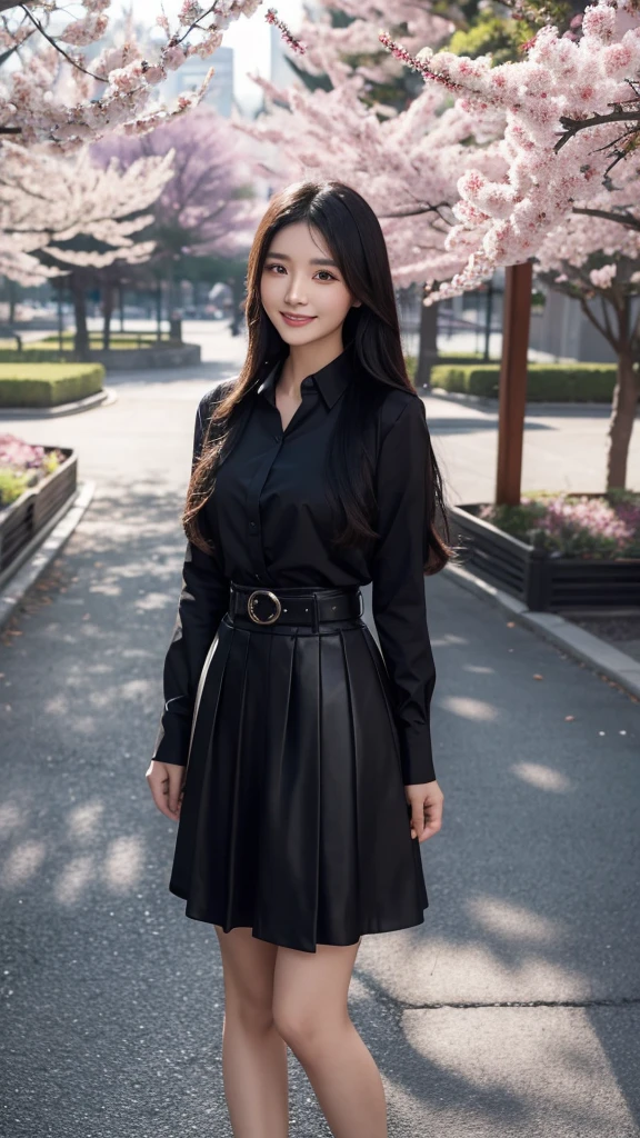 beautiful asian woman, black long hair,dark purple shirt with collars, long sleeve, black skirt, tie, belt, standing, smile,neckless, sakura trees,  view in winter background