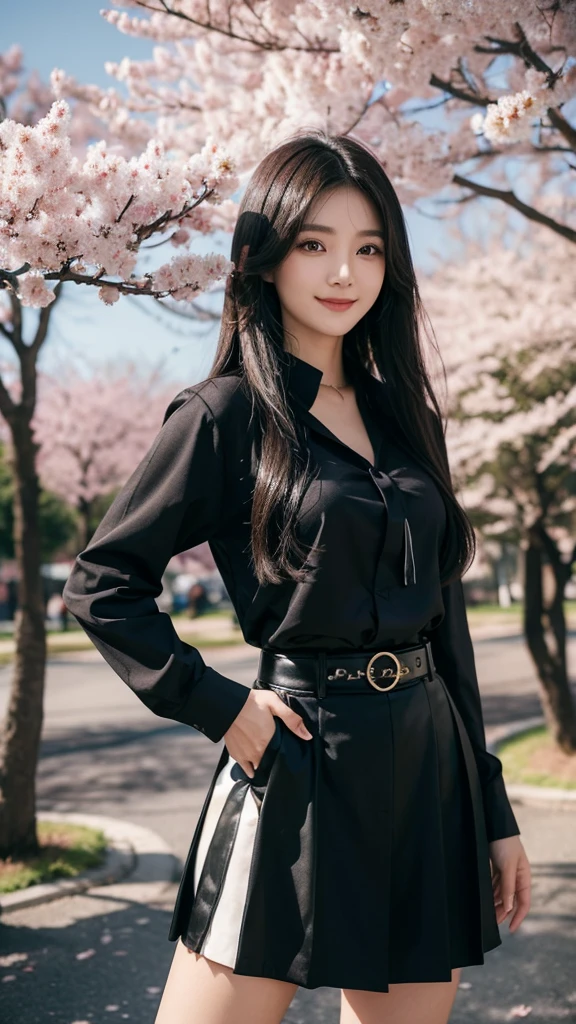 beautiful asian woman, black long hair,dark purple shirt with collars, long sleeve, black skirt, tie, belt, standing, smile,neckless, sakura trees,  view in winter background