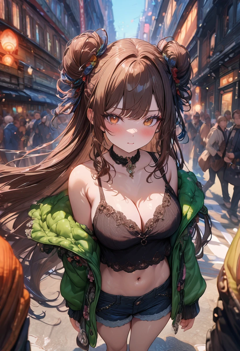 ((masterpiece:0), best quality, very aesthetic, newest, absurdres, detailed, high quality)
BREAK
highest quality, top quality, details, highres, ultra fine painting, digital art, official art, cinematic, 4k, 8k resolution, 8K CG wallpaper, CG, original artwork, detailed background, colorful background, blue atmosphere, High Dynamic Range, blurry background, blue hour, Starburst effects, crepuscular rays, good ISO, high resolution, wide shot, from far away, RAW photo, POV, sharp focus, light reflection, reflections, intricate details, soft light, particle noise, professional photography, bokeh, depth of field, natural lighting, vibrant colors, looking away, detailed lights and shadows, stylish, ultra-detailed, top rated on Pixiv, trending on Artstation, niji style, modern-days, master crafted, pose
BREAK
solo, close up shot, from above, 1girl, pale skin, correct fingers, detailed hand, (big breasts:1.2), big thighs, small torso, short body, flushtered, blush, anxious expression, casual, slim, ((cute, childlike face):1.3), nice hips, nice body, brown hair, (very long flowing hair), (big 2 buns hairstyle)), long bangs, long hair, middle hair bangs, brown eyes
BREAK
(black string tank top, choker, off shoulder open green hoodie, (tummy skin), open unbuttoned shorts, many colors outfit ornaments)
BREAK
a person walking down a street with a crowd of people, crowded street, crowded streets, in front of a large crowd, giant crowd, girl walking through city, people walking down a street