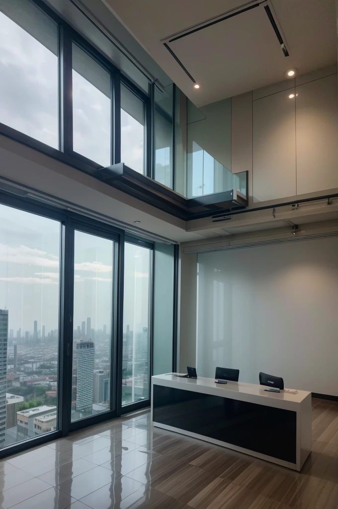 Marketing Office, lobby with counter, hightech desinge, high floor, city view, UHD