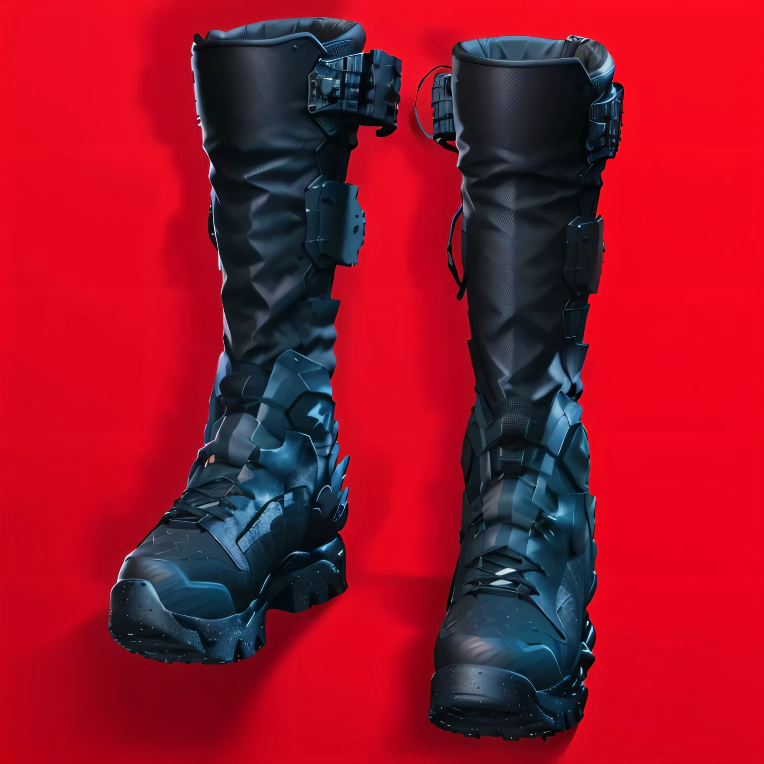 pair of black boots with black laces on a red background, heavy-duty boots, heavy boots, massive boots, boots, killer boots, high boots, in style of apex legends, a hyper realistic, battle shoes, trending on polycount, apex legends armor, an ultra realistic, futuristic techwear, combat boots,