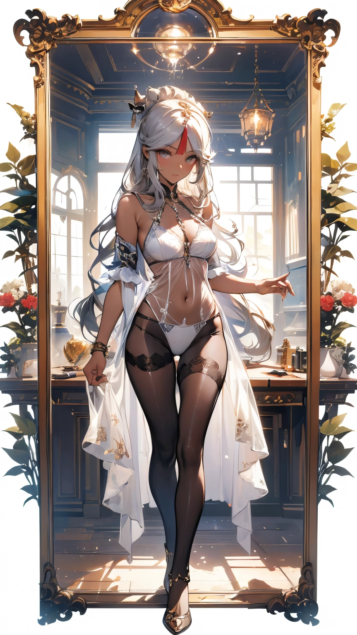 ((masterpiece, best quality)), Delicate face，goddess，whole body，Long legs，Standing picture，dark skin，Perfect body proportions，Long wavy hair，beautiful eyes，Fantasy style，Extremely beautiful，Pure white background，bedroom，Mirror，transparent，Sexy Lingerie，chain，Pantyhose