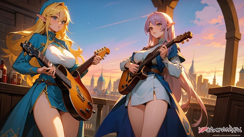 Anime Style,Nostalgic,Detailed background,The medieval world,A lively bar with lots of people,Beautiful sky,Beautiful Elf Bard,guitar,Large Breasts,Healthy thighs