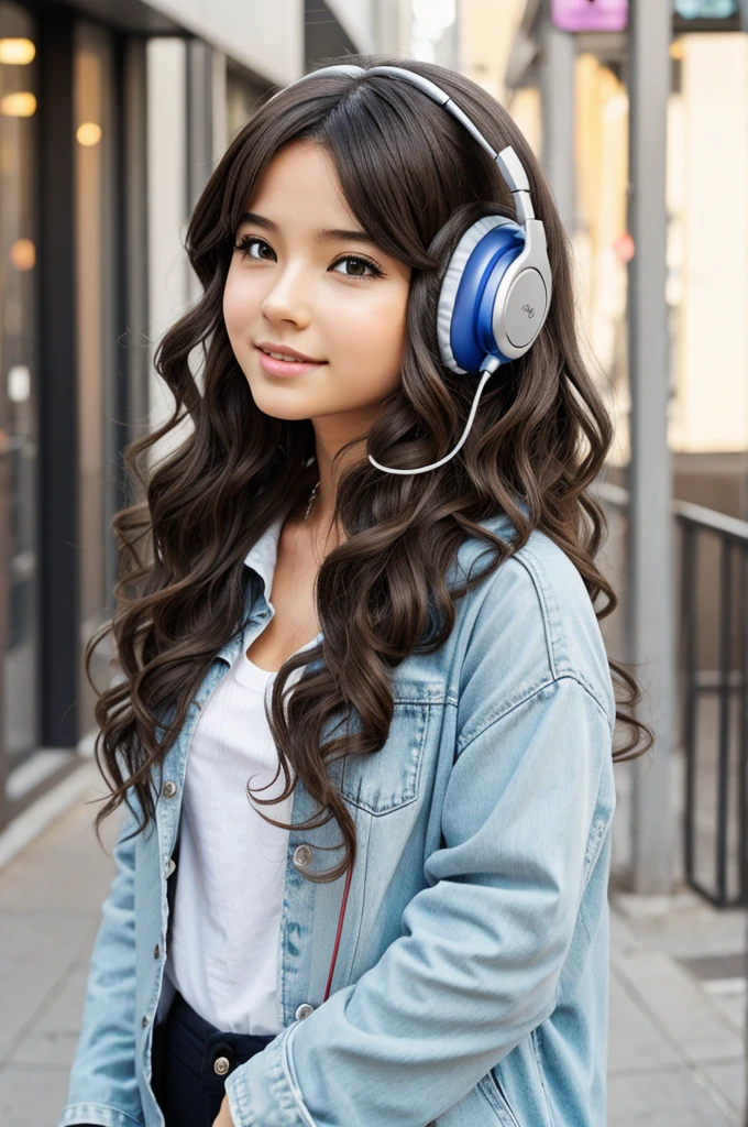 Girl with wavy hair with headphones anime type