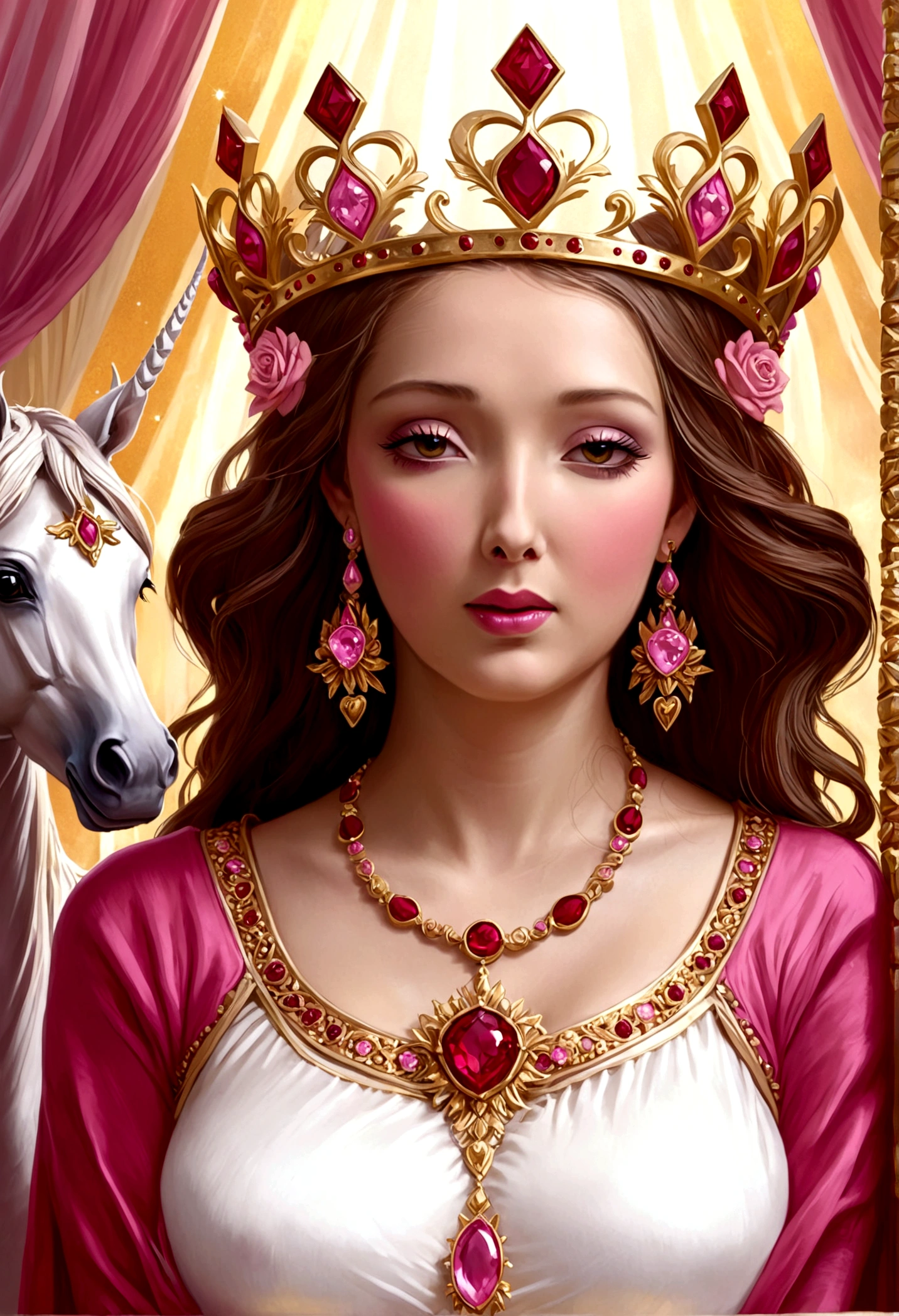 Queen of joy and love (dressed in pinks and deep reds, golden love themed crown), love themed throne, attended to by unicorns and fairies