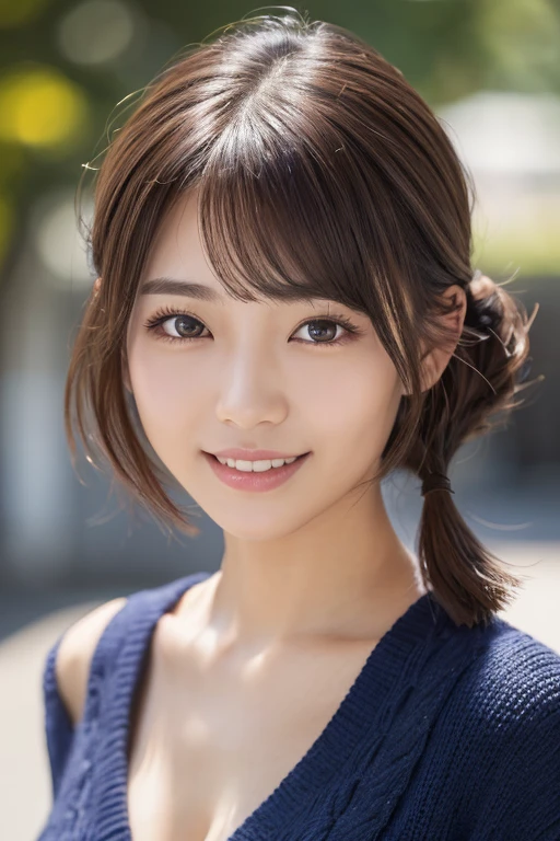 masterpiece:1.3), (8K, Photorealistic, Raw photo, Best image quality: 1.4), Japanese schoolgirl、(Random Hairstyles:1.2)、Cleavage:1.2、Super detailed face、Attention to detail、double eyelid、Put your chest together、Sharp focus:1.2、Beautiful woman:1.4、Light brown hair、Highest quality、masterpiece、Ultra-high resolution、(Photorealistic:1.4)、Highly detailed and professionally lit smile、Loose, lightweight knitwear、Shoulder out、thin、Serious expression、Short-haired、Deadly position