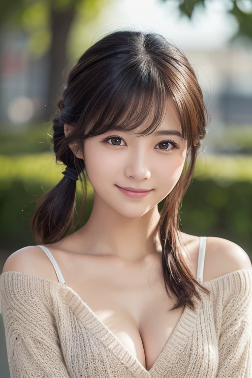masterpiece:1.3), (8K, Photorealistic, Raw photo, Best image quality: 1.4), Japanese schoolgirl、(Random Hairstyles:1.2)、Cleavage:1.2、Super detailed face、Attention to detail、double eyelid、Put your chest together、Sharp focus:1.2、Beautiful woman:1.4、Light brown hair、Highest quality、masterpiece、Ultra-high resolution、(Photorealistic:1.4)、Highly detailed and professionally lit smile、Loose, lightweight knitwear、Shoulder out、thin、Serious expression、Short-haired、Deadly position