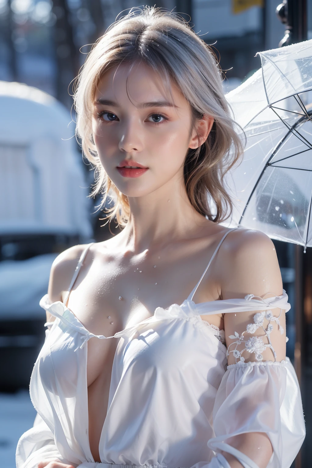 1girll,(Snow,Ice), snowflower, In winter, White hair, Shiny hair, Wavy hair, Transparent clothes, frilld, Lace, Wet clothes, Off_Shoulder, hair scrunchie,Masterpiece, Telephoto lens, absurderes, Exquisite facial features,Artistically the most beautiful nipples,Flat Chest,