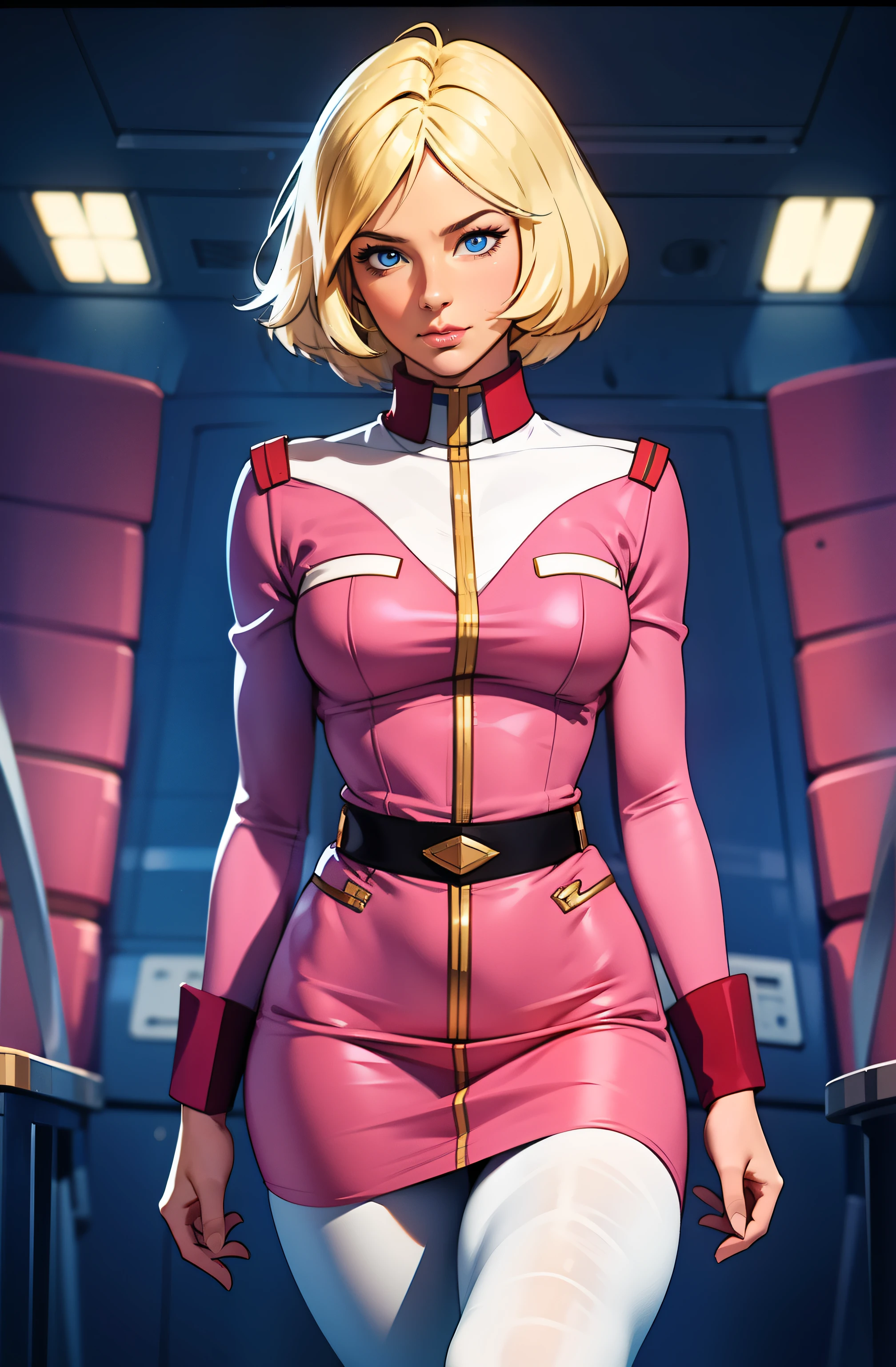 ((masterpiece)), ((cinematic lighting)), realistic photo、Real Images、Top image quality、1girl in, sayla mass, Elegant, masterpiece, Convoluted, slim arms, wide hips, thick thighs, thigh gaps, Best Quality, absurderes, high face detail, Perfect eyes, mature, Cowboy Shot, , Vibrant colors, soft pink uniform, soft pink Skirt, white tights