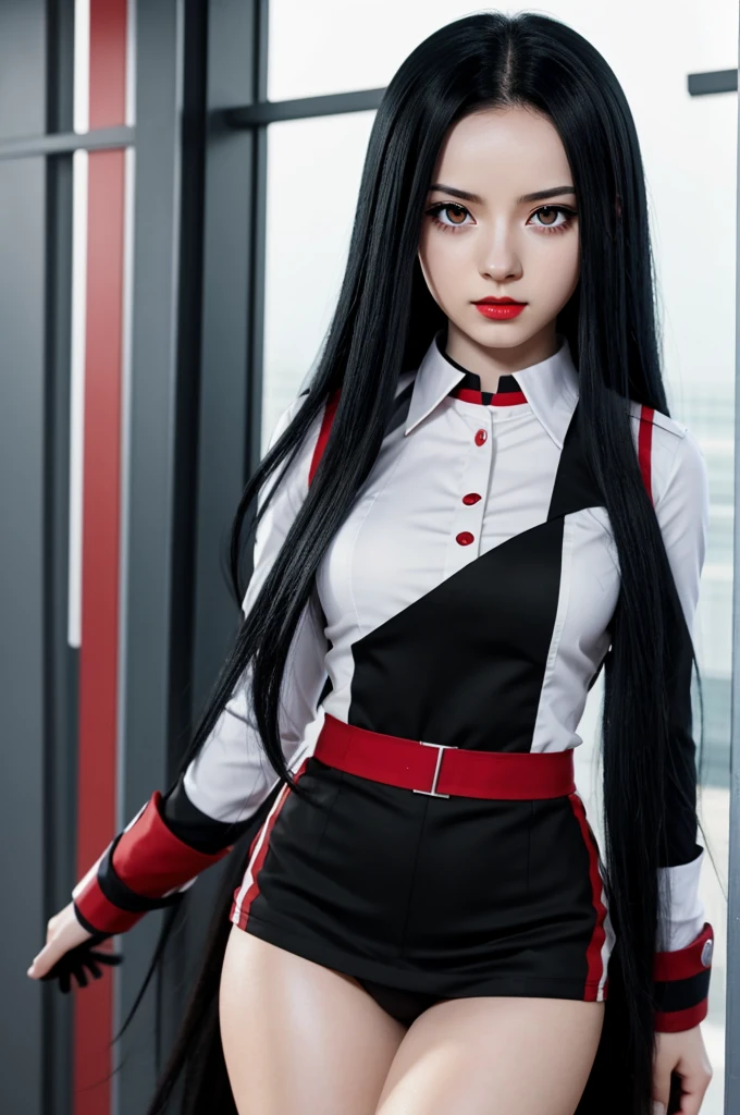 Screenshot Boku no Hero Academia. beautiful woman, long black hair with white tips, Red eyes, pale skin, red lips and revealing uniform