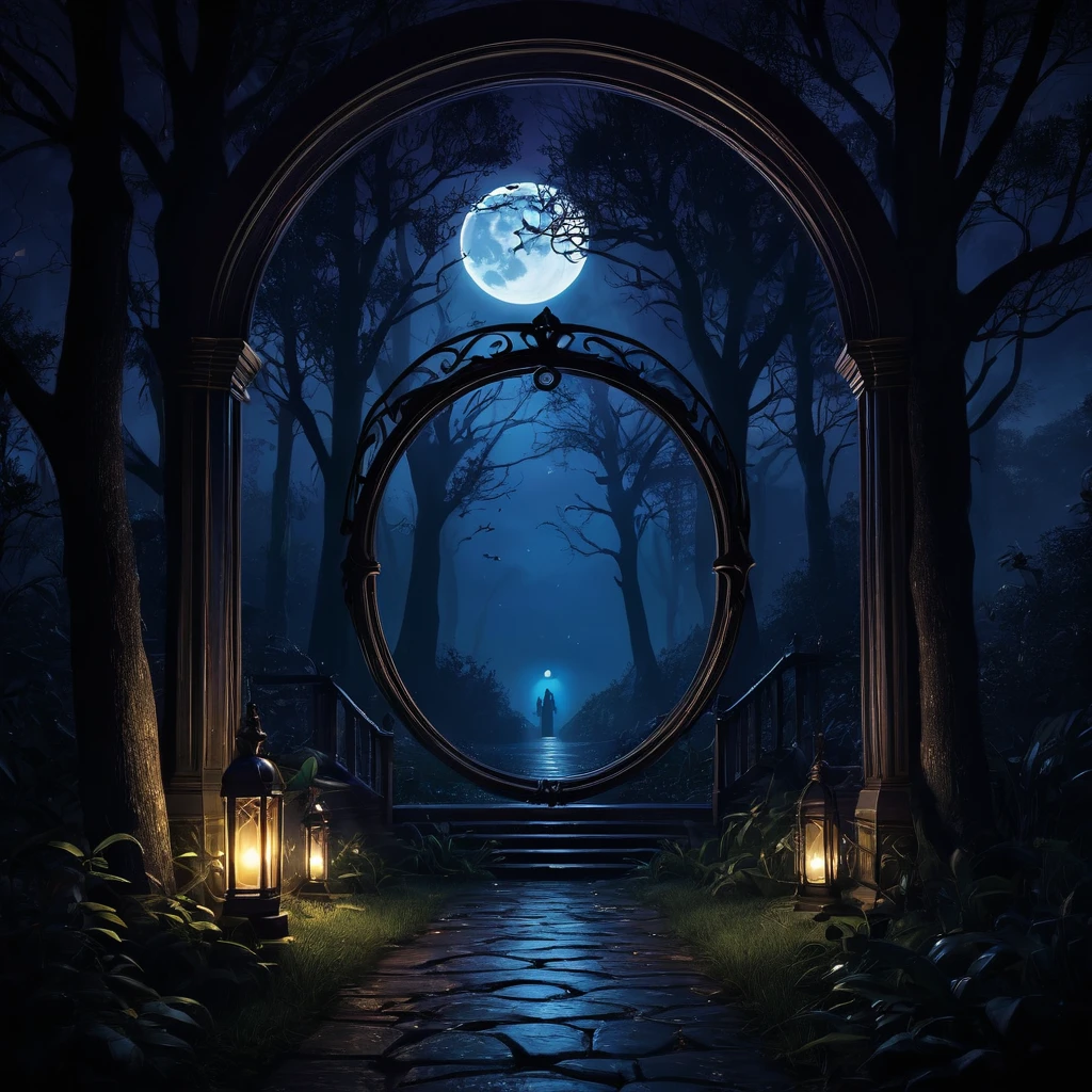 Create a Mystery of the Night logo, make sure it captures a dark and mysterious atmosphere that evokes tension. The design must reflect a nighttime atmosphere full of horror and mystery stories, by utilizing a color palette such as dark blue, black or purple that is in harmony with the deep night atmosphere. The logo should be modern yet clear, incorporating symbols or icons that depict elements of a suspenseful story. nice layout, realistic, mysterious, mystical, 3D, 8K)