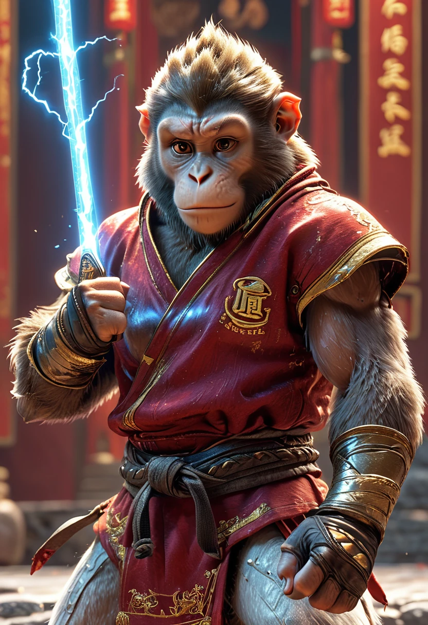 Close-up shot of a monkey, Monkey Martial Artist,whole body, He is throwing punches with gloves that are covered in lightning., Wearing martial arts uniform, Chinese Shaolin Temple Background, High resolution, masterpiece, Highest quality, Super detailed, Super detailed, Ultra-realistic,
 Hong Kong Style, 3D Fluffy, Cute and adorable close-ups, Cute big round reflective eyes, Long fuzzy fur, Pixar Rendering, unreal engine Cinematic smooth, Exquisite detail, Cinematic