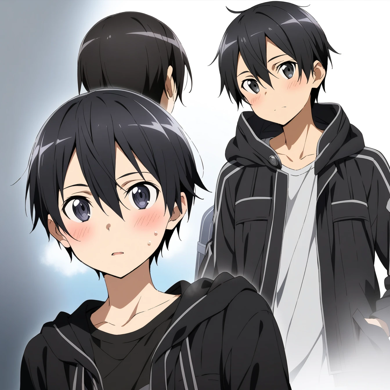 1 boy, Kirigaya Kazuto,kirito,Kirito,Sword Art Online,alone, viewer, pure white background, blush, black eyes,eyes glow, breathing, avatar, half body, comic style, angle, masterpiece, best quality,black clothing，colorless