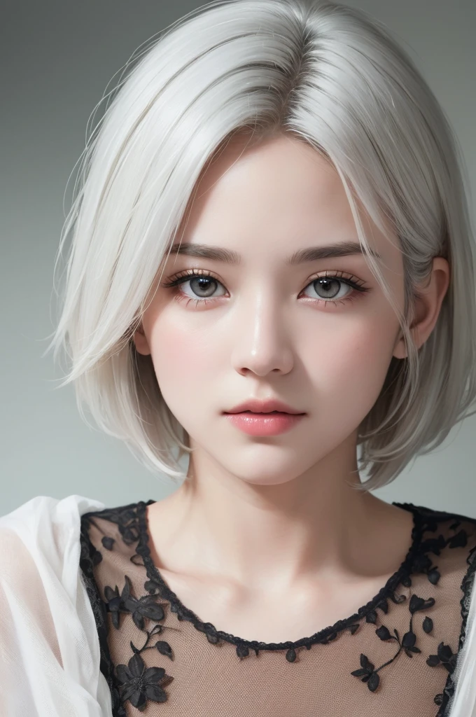 Highest quality、masterpiece、超High resolution、(Realistic:1.3)、RAW Photos、(One girl), Beautiful Face, (Realistic Face), (White Hair、short hair:1.3), Beautiful Hairstyles, Realistic eyes, Beautiful fine details, (Realistic Skin), Beautiful Skin, (shirt), Confused, charm, 超High resolution, Ultra-realistic, High resolution, Golden Ratio、Mr.々Background