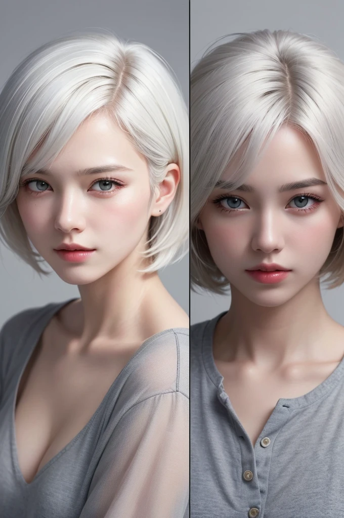 Highest quality、masterpiece、超High resolution、(Realistic:1.3)、RAW Photos、(One girl), Beautiful Face, (Realistic Face), (White Hair、short hair:1.3), Beautiful Hairstyles, Realistic eyes, Beautiful fine details, (Realistic Skin), Beautiful Skin, (shirt), Confused, charm, 超High resolution, Ultra-realistic, High resolution, Golden Ratio、Mr.々Background