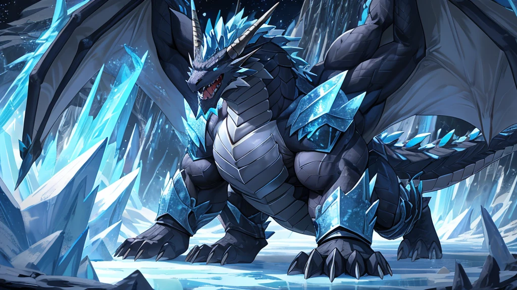 (The tyrannical and powerful Ice Dragon King，Modern black and gold armor：2)，(Large dragon body，Huge size，Majestic wingspan，Sharp thorns，Huge dragon claw，Huge paws，Thick dragon tail，Huge muscles，The huge ice dragon king，Black dragon：2)，Strong physique，(Blue ice flame，Get on all fours：2)，Brutal Behemoth，war，glacier，Ice Dragon，Overwhelming presence，Full body picture，Very detailed，4k HD，HD Wallpapers