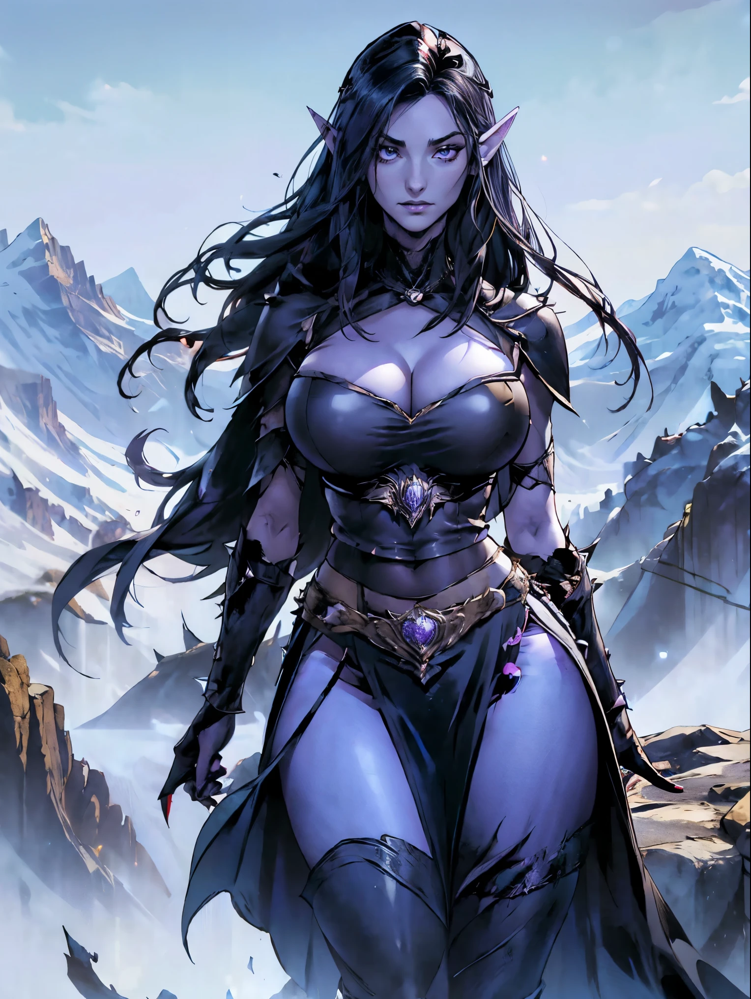 (masterpiece, top quality, best quality, official art, beautiful and aesthetic:1.2), (1girl:1.3), ((Sharp facial features, sharp features, hawkish features)), ((big hair, long elf ears, long black hair)), (((pale purple skin, pale blue skin, blue skin, purple skin))), big tiddy dark elf girl, extremely detailed, portrait, looking at viewer, solo, (full body:0.6), detailed background, full-body shot, (cold night mountain theme:1.1), dark elf war dancer, (spiky winged helmet), charlatan, smirk, mysterious, swaying in mountains, strapless top, skimpy attire, revealing gladiatrix costume, ebony metal, gold filigree, long boots, dual knives, blood red fabric, pelvic curtain, loincloth, black leather, ((((gigantic breasts, cleavage, skindentation, long legs, pelvic curtain)))), cute belly button, toned tummy, slim waist, slim hips, long legs, medieval (mountain exterior:1.1) background, dark mysterious lighting, shadows, magical atmosphere, dutch angle