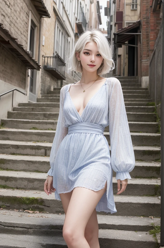 Highest quality、masterpiece、超High resolution、(whole body,Realistic:1.3)、RAW Photos、(One girl,Small breasts), Beautiful Face, (Realistic Face,Detailed facial expressions,smile), (White Hair、short hair:1.3), Beautiful Hairstyles, Realistic eyes, Beautiful fine details, (Realistic Skin), Beautiful Skin, (Long sleeve dress,Stylish trendy fashion), Confused, charm, 超High resolution, Ultra-realistic, High resolution, Golden Ratio、Standing on the stairs,European cityscape,Mr.々Posing,Shooting from below,