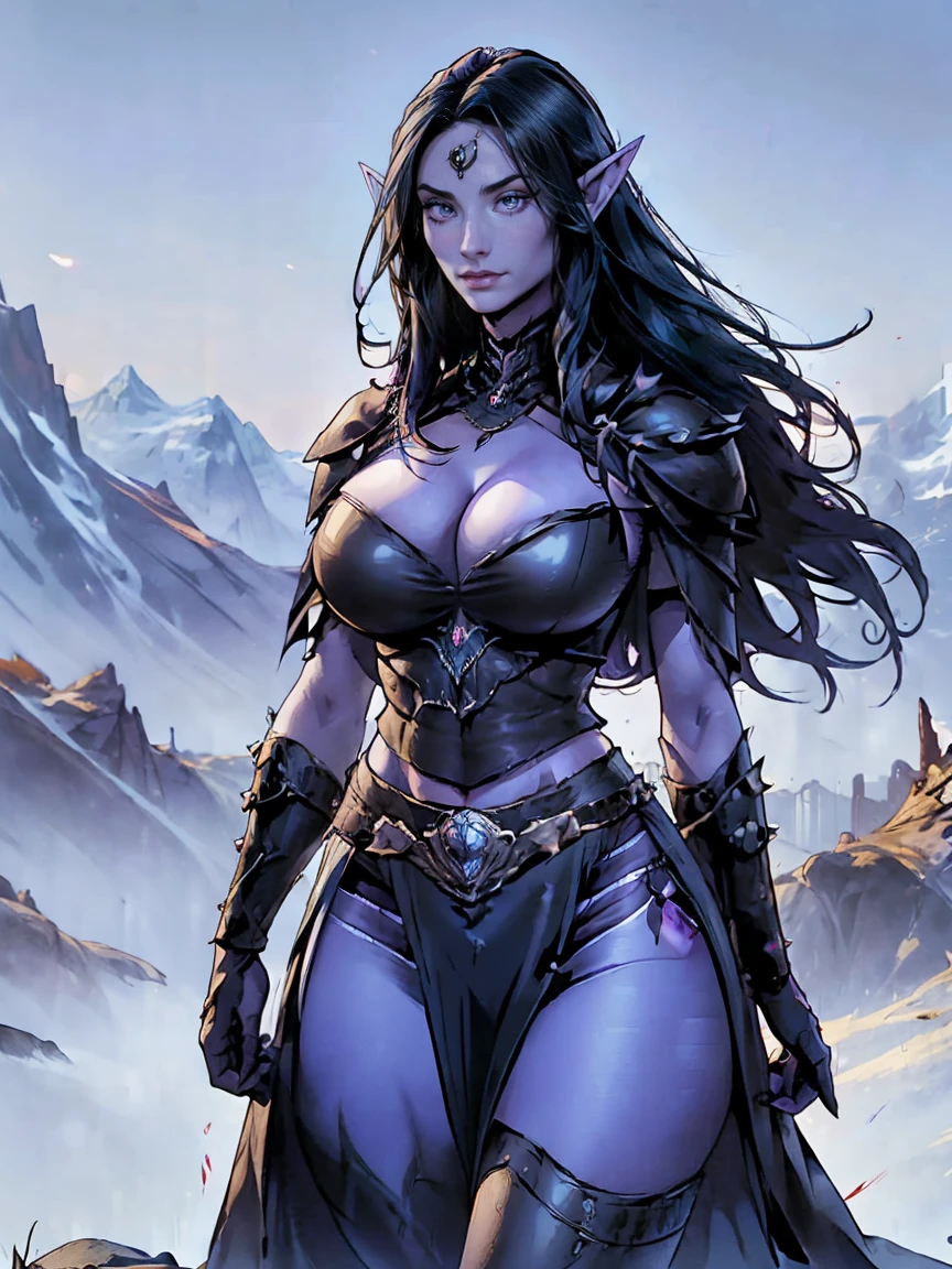 (masterpiece, top quality, best quality, official art, beautiful and aesthetic:1.2), (1girl:1.3), ((Sharp facial features, sharp features, hawkish features)), ((big hair, long elf ears, long black hair)), (((pale purple skin, pale blue skin, blue skin, purple skin))), big tiddy dark elf girl, extremely detailed, portrait, looking at viewer, solo, (full body:0.6), detailed background, full-body shot, (cold night mountain theme:1.1), dark elf war dancer, (spiky winged helmet), charlatan, smirk, mysterious, swaying in mountains, strapless top, skimpy attire, revealing gladiatrix costume, ebony metal, gold filigree, long boots, dual knives, blood red fabric, pelvic curtain, loincloth, black leather, ((((gigantic breasts, cleavage, skindentation, long legs, pelvic curtain)))), cute belly button, toned tummy, slim waist, slim hips, long legs, medieval (mountain exterior:1.1) background, dark mysterious lighting, shadows, magical atmosphere, dutch angle
