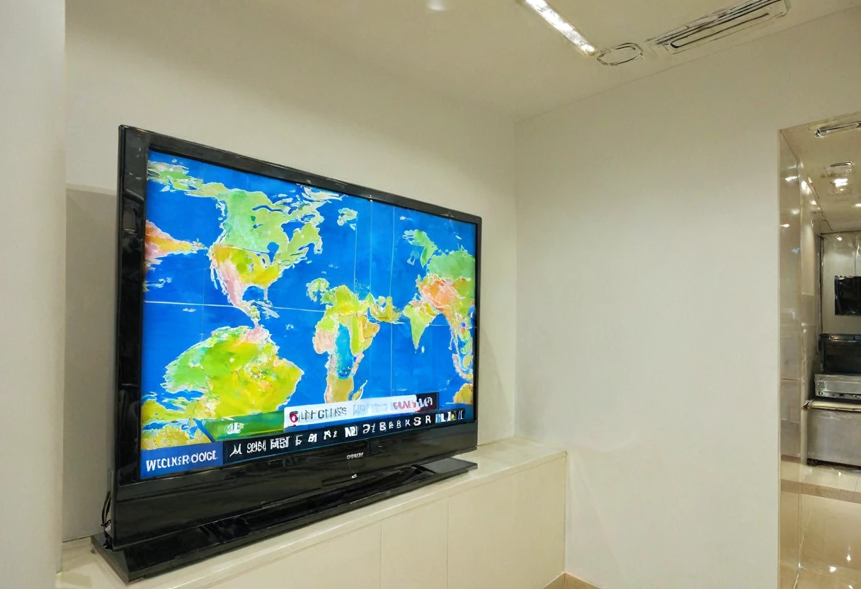 World map on a TV screen