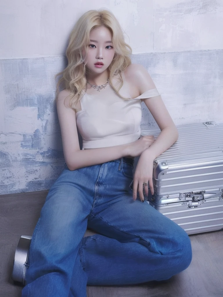 blonde woman sitting on the floor with a suitcase on her lap, roseanne park by blackpink, jia, jinyoung shin, pale skin curly blonde hair, sun yunjoo, official artwork, heonhwa choe, glass, rena noun style 3/4, baggy Cowboys, pale and light skin!!, ad image, kim taejin, jaeyeon nam, Cowboys