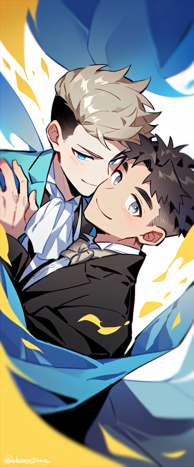 2 young men, focus man , Yaoi, pair, portable princess, bear, look elsewhere, smile, , short hair, light brown hair, blue eyes, Acharya, black hair, Undercut style, gray eyes , The best aesthetics , best quality, Amazing quality, The best aesthetics, nonsense,bright
