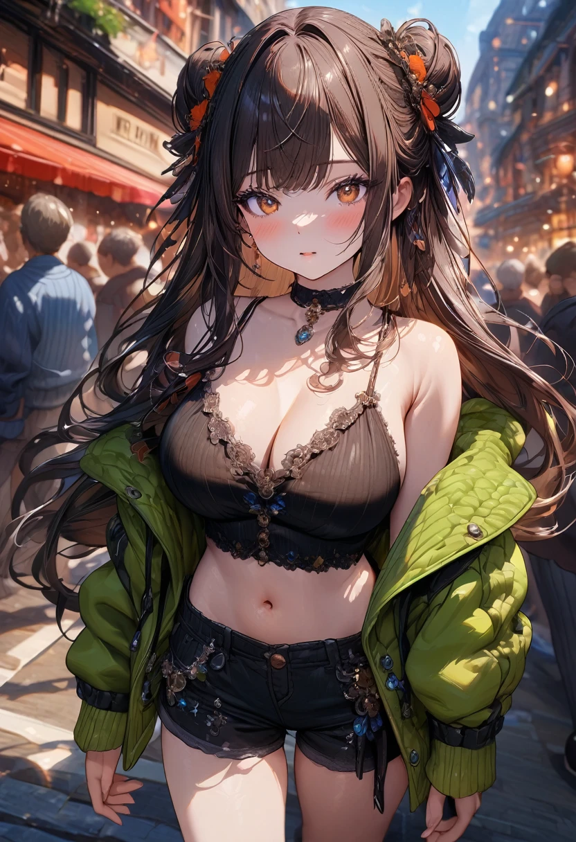 ((masterpiece), best quality, very aesthetic, newest, absurdres, detailed, high quality)
BREAK
highest quality, top quality, details, highres, ultra fine painting, digital art, official art, cinematic, 4k, 8k resolution, 8K CG wallpaper, CG, original artwork, detailed background, colorful background, blue atmosphere, High Dynamic Range, blurry background, blue hour, Starburst effects, crepuscular rays, good ISO, high resolution, wide shot, from far away, RAW photo, POV, sharp focus, light reflection, reflections, intricate details, soft light, particle noise, professional photography, bokeh, depth of field, natural lighting, vibrant colors, looking away, detailed lights and shadows, stylish, ultra-detailed, top rated on Pixiv, trending on Artstation, niji style, modern-days, master crafted, pose
BREAK
solo, close up shot, from above, 1girl, pale skin, correct fingers, detailed hand, (big breasts:1.2), big thighs, small torso, short body, flushtered, blush, anxious expression, casual, slim, ((cute, childlike face):1.3), nice hips, nice body, brown hair, (very long flowing hair), (big 2 buns hairstyle)), long bangs, long hair, middle hair bangs, brown eyes
BREAK
(black string tank top, choker, off shoulder open green hoodie, (tummy skin), open unbuttoned shorts, many colors outfit ornaments)
BREAK
a person walking down a street with a crowd of people, crowded street, crowded streets, in front of a large crowd, giant crowd, girl walking through city, people walking down a street