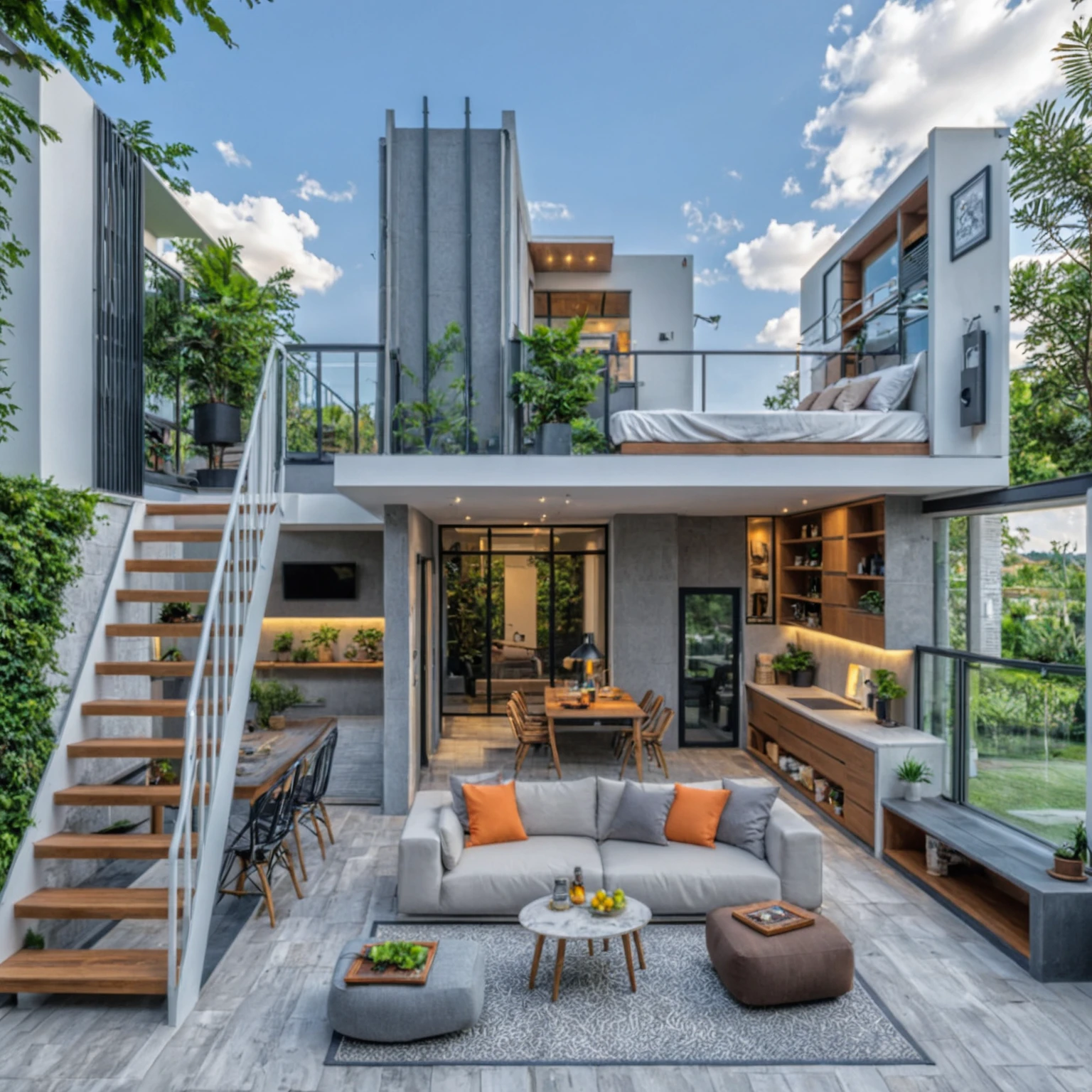 Masterpiece, high quality, best quality, authentic, super detail, outdoors, onestoreyvillaXL, aiaigroup, house style modern on the street ,stairs, white wall ,road,pavement, grass, trees, sky, cloud, (daylight:1.1)
