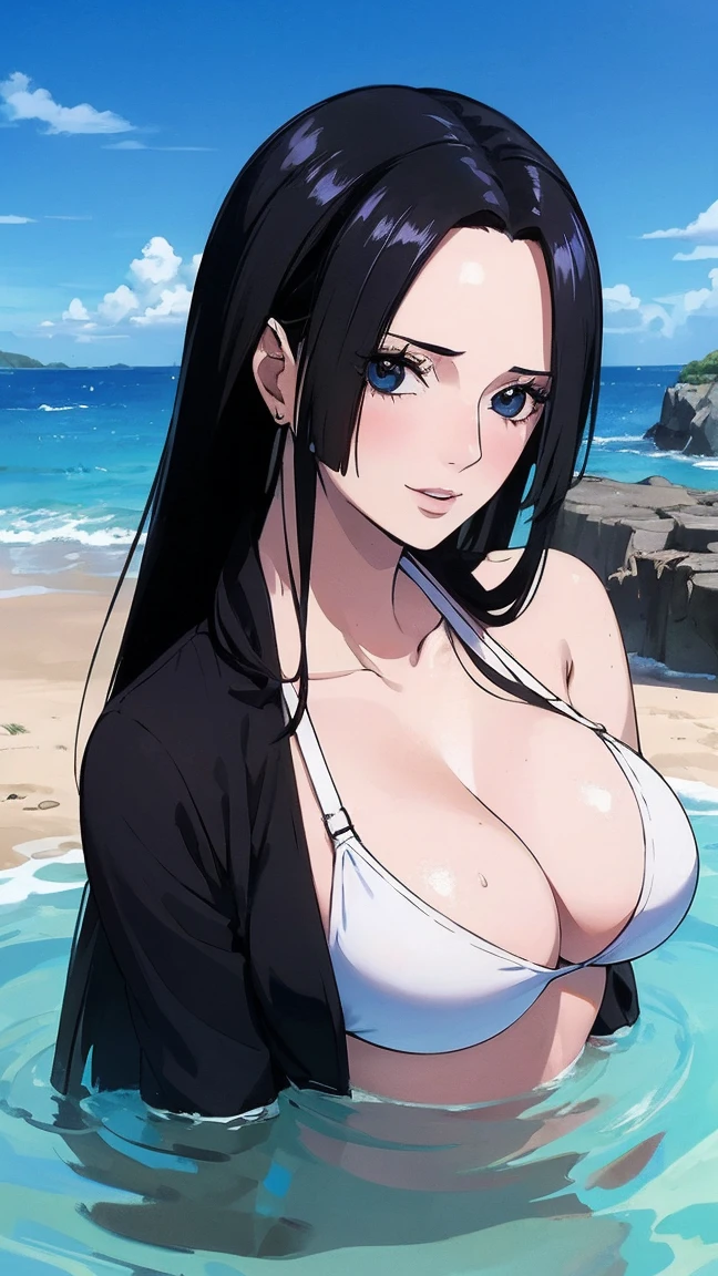 best quality, masterpiece, highly detailed,1girl, (detail light), Boa Hancock,, (masterpiece:1.5), Detailed Photo, Smiling,(8K, Photorealistic, Best Quality: 1.4), (1girl), Beautiful Face, (anime realistic Face), (Black Hair, long Hair: 1.3), Beautiful Hairstyle, Realistic eyes, beautiful detail eyes, (realistic skin), beautiful skin, absurd, attractive, ultra high resolution, ultra realistic, high definition, beach background, , white 