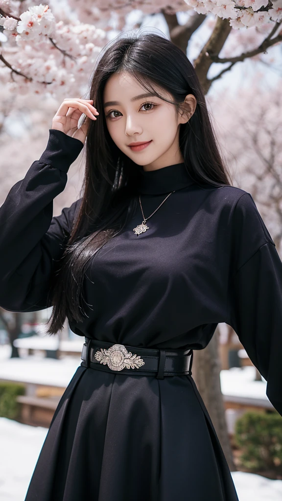 beautiful indonesan woman, black long hair,dark purple shirt with collars, long sleeve, black skirt, tie, belt, standing, smile,neckless, sakura trees, view in winter background
